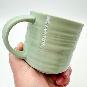 Starbucks Art Pottery Style Seafoam Mint Green Ribbed Texture Coffee Mug 14 OZ